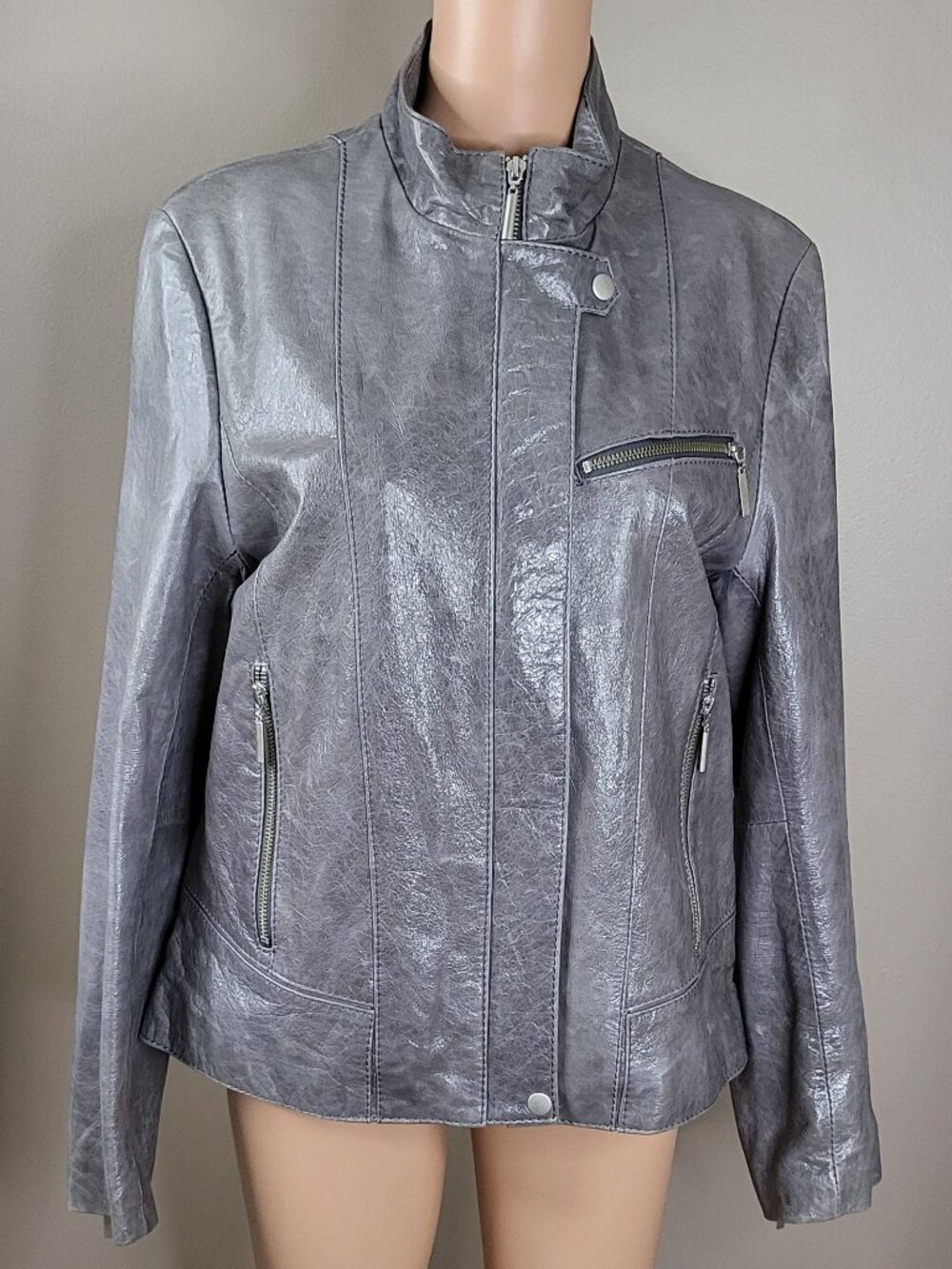 Vintage COLLEZIONE Genuine Leather Metallic Gray Moto Styling Jacket Size L